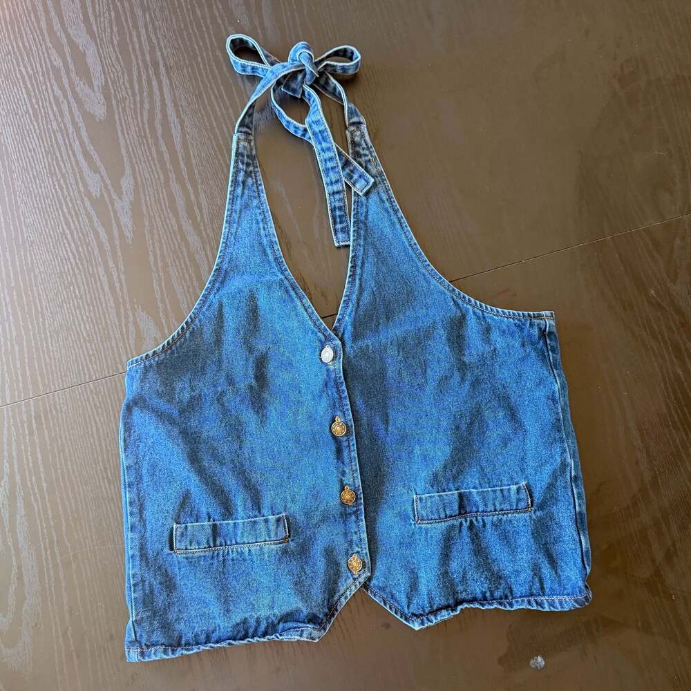 Lioness Hills Halter Denim Top Vest Size S Blue